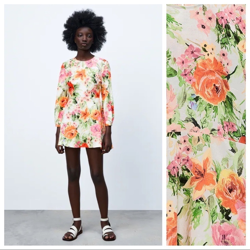 🌹NWT Zara Floral Print Linen Mini Naya Dress. Size L.